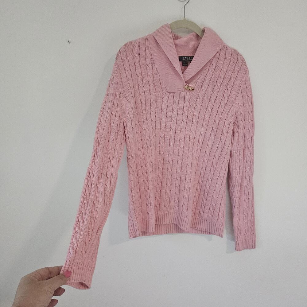 Lauren Ralph Lauren Pink Cable Knit Shawl Collar Sweater